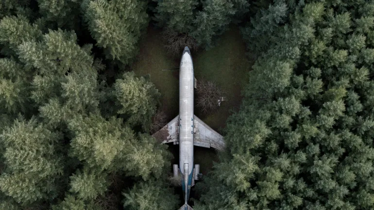Fotografía aérea de avión gris rodeado de árboles