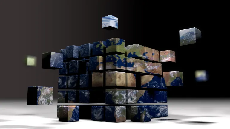 Mapa del mundo dividido en cubos flotantes