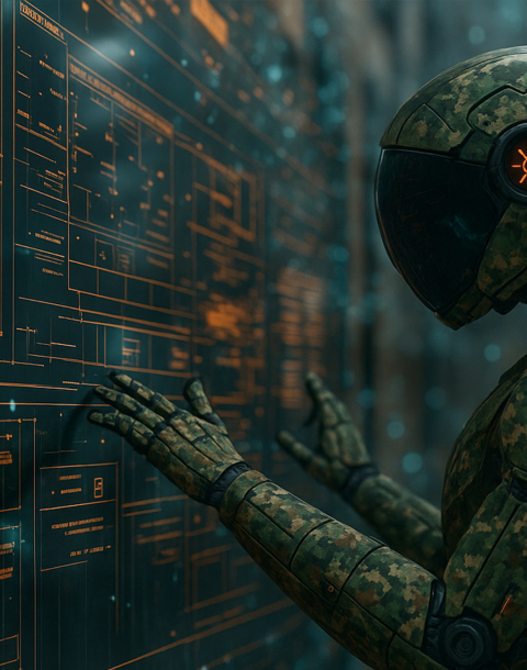 Un robot humanoide interactúa con una gran pantalla digital llena de diagramas